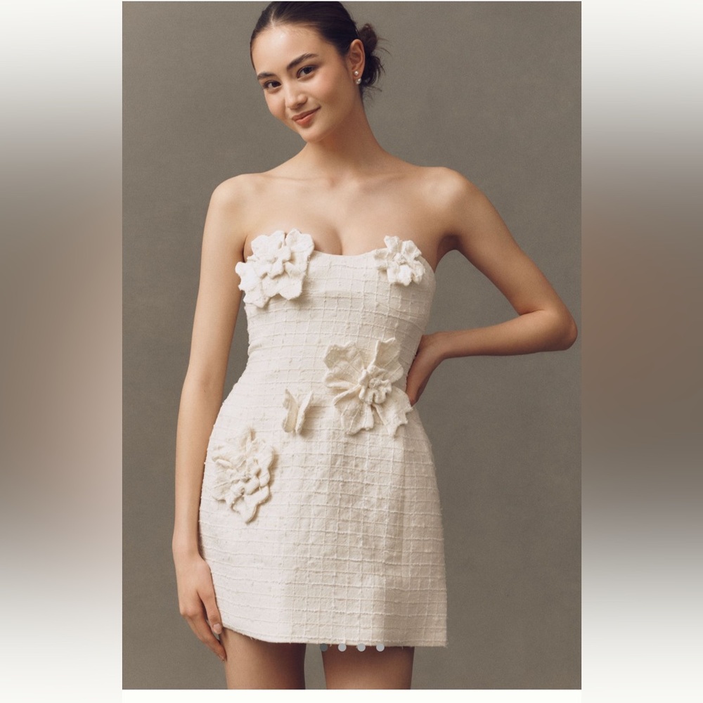 Cream Strapless Sheath Dress with Embellished Floral Details